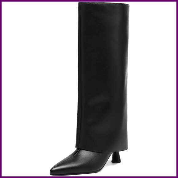 Knee High Fold Over Boots Slouchy Pointed Toe Faux Leather Dress Boots